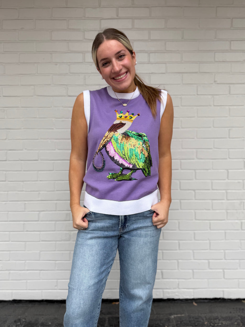 Purple Mardi Gras Pelican | Women's Sequin Design Sleeveless Sweater