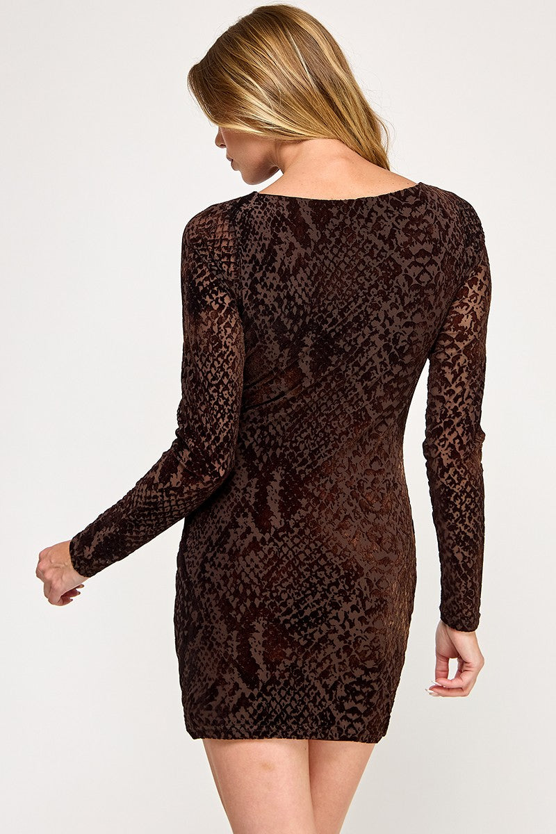 Dark Brown Mesh Long Sleeve Mini Dress