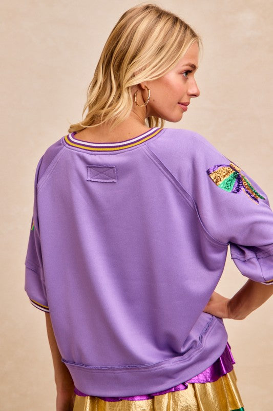 Purple Mardi Gras Theme Ribbon Sequin Patched Top