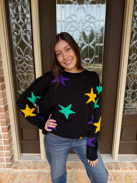 Black Long Sleeve Sweater with Mardi Gras Stars