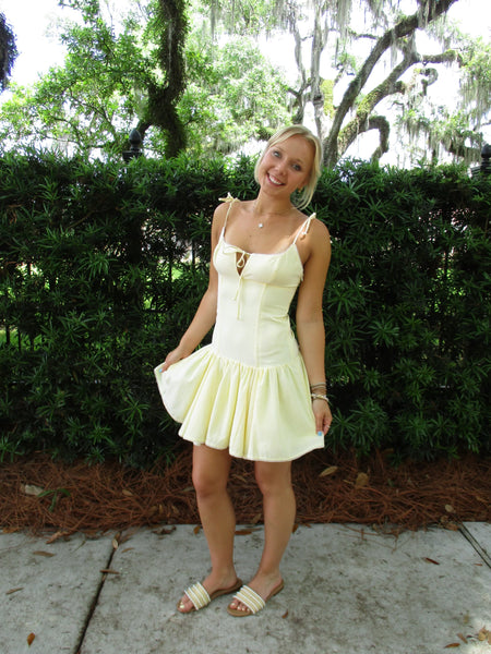 Yellow Stripe Print Square Neck Tie Strap Mini Dress