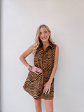 Tiger Print Button Down Shirt Dress with Pockets