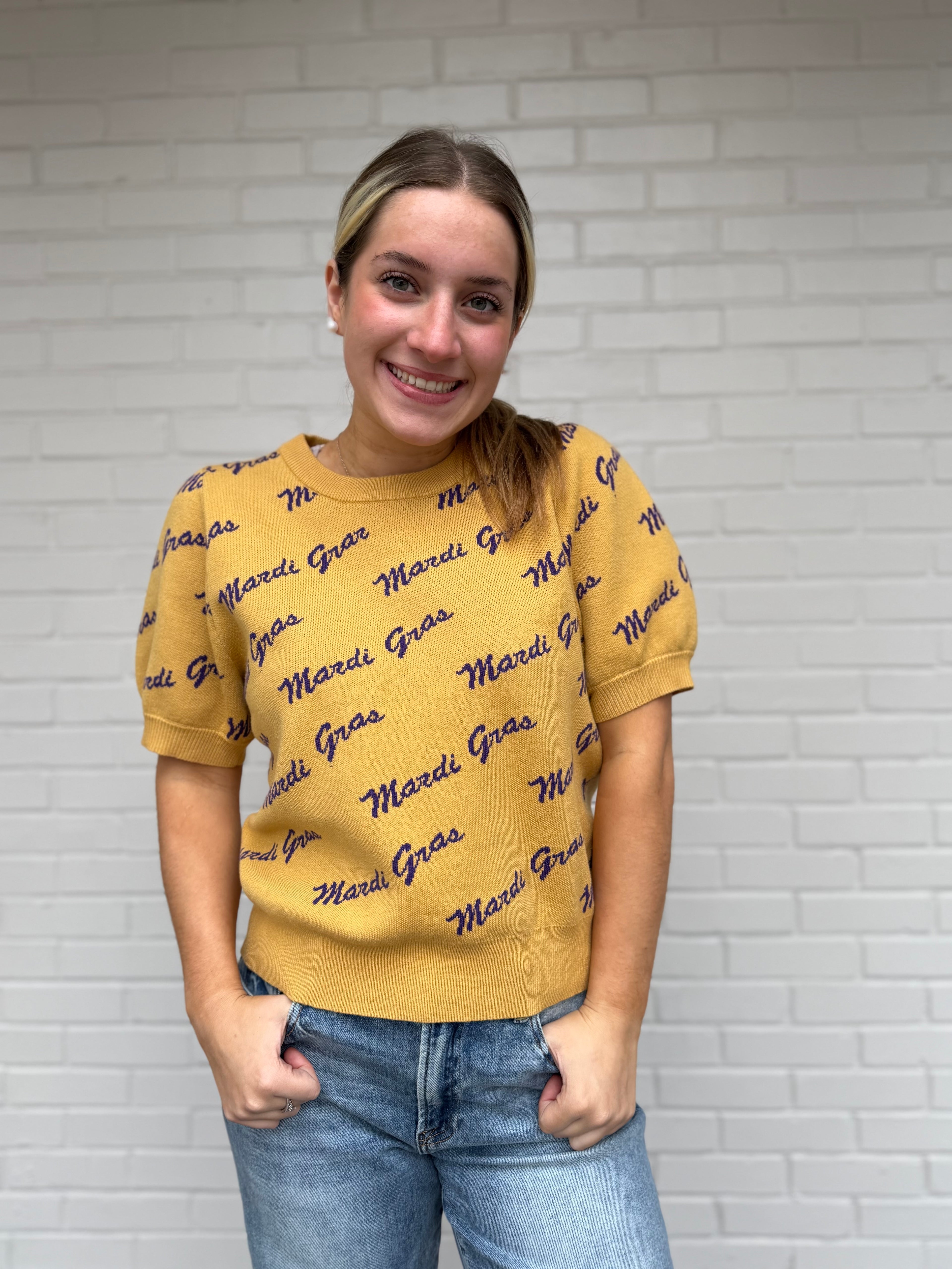 Gold Mardi Gras Lettering Short Puff Sleeve Sweater