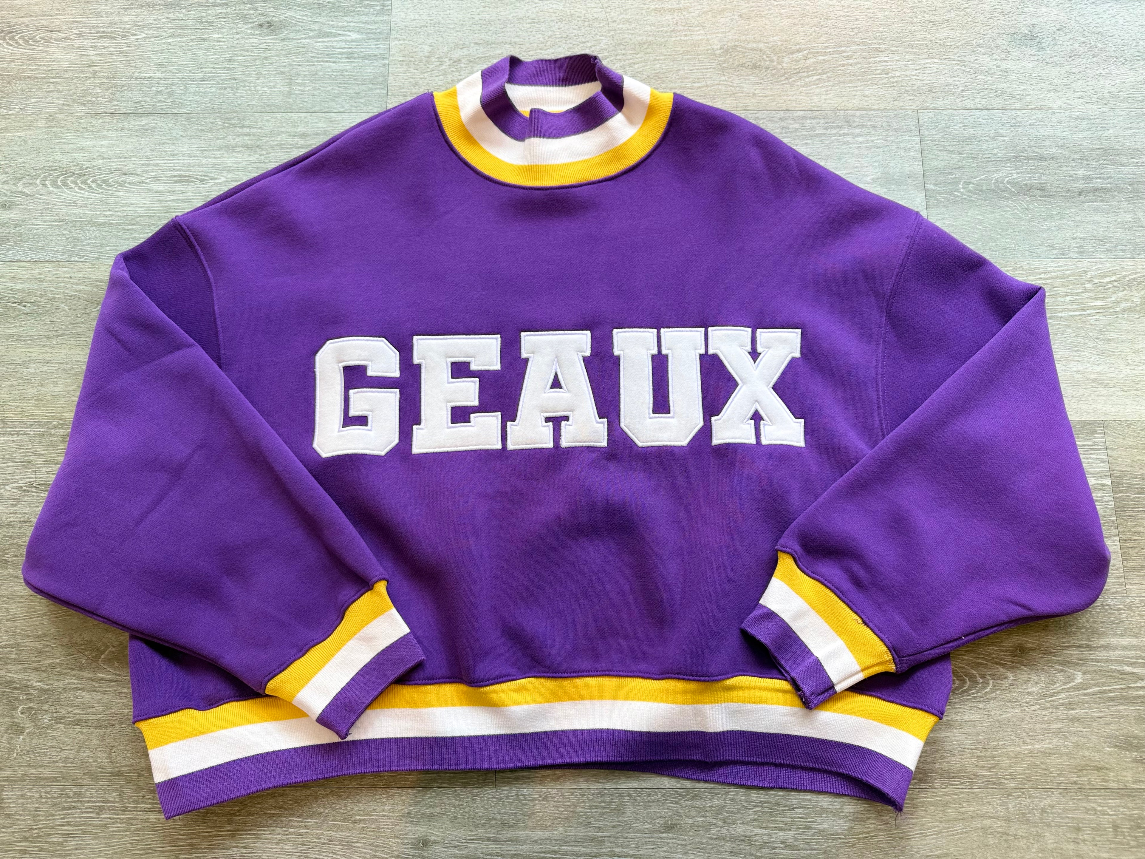 Purple "Geaux" Striped Mockneck Sweatshirt