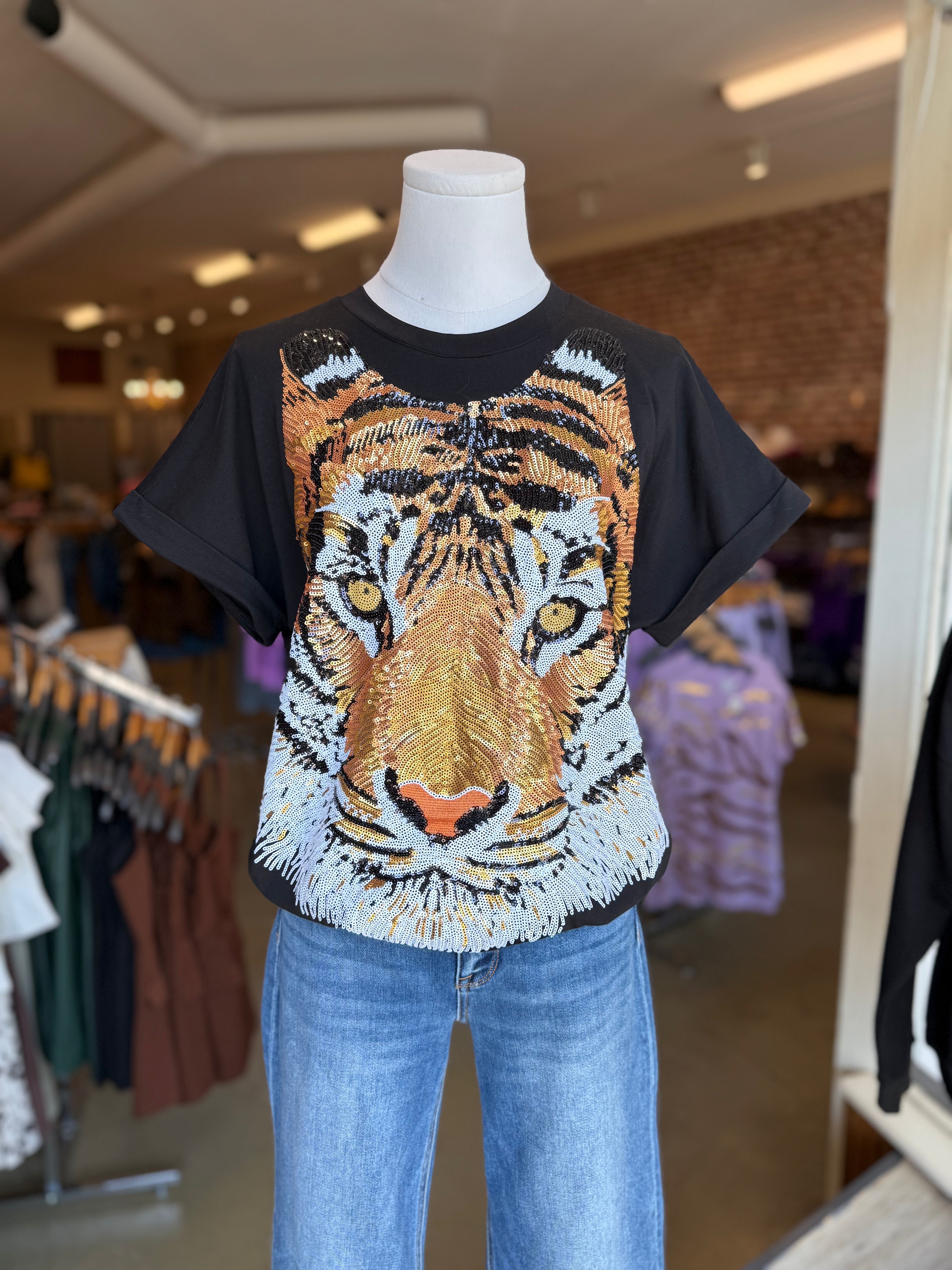 Black Sequin Tiger Face Top