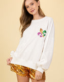 White Long Sleeve “Mardi Gras” Patch Sweatshirt