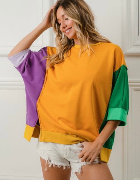 Mardi Gras Color Block Open Seam Detail Top