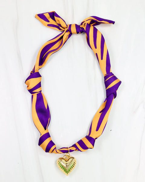 Purple and Gold Scarf Necklace with Charm