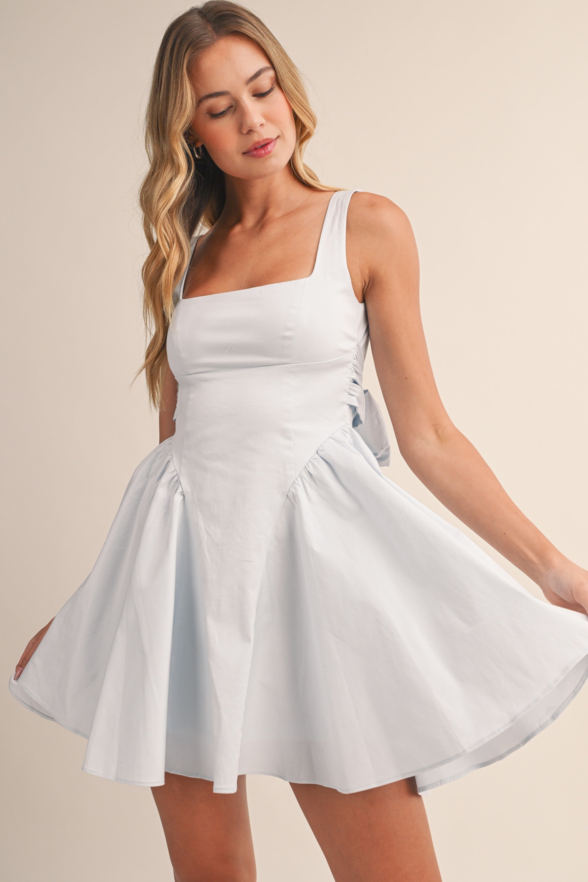 Ribbon Detailed Back Gathered Sides Flared Dress