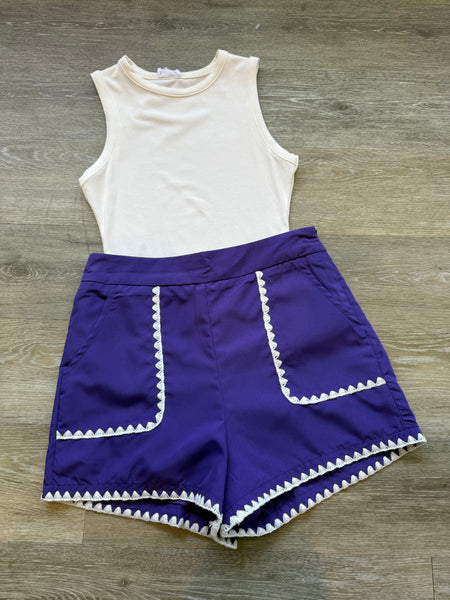 Purple Triangle Embroidery Stitch Detail Shorts