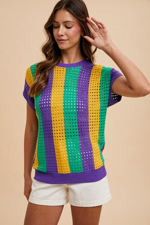 Mardi Gras Stripe Open Stitch Sweater Top