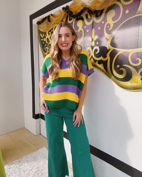 Mardi Gras Loose Fit V Neck Stripe Sweater Top