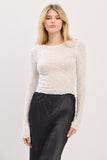 Off White Long Sleeve Mesh Top with Pearl Detail