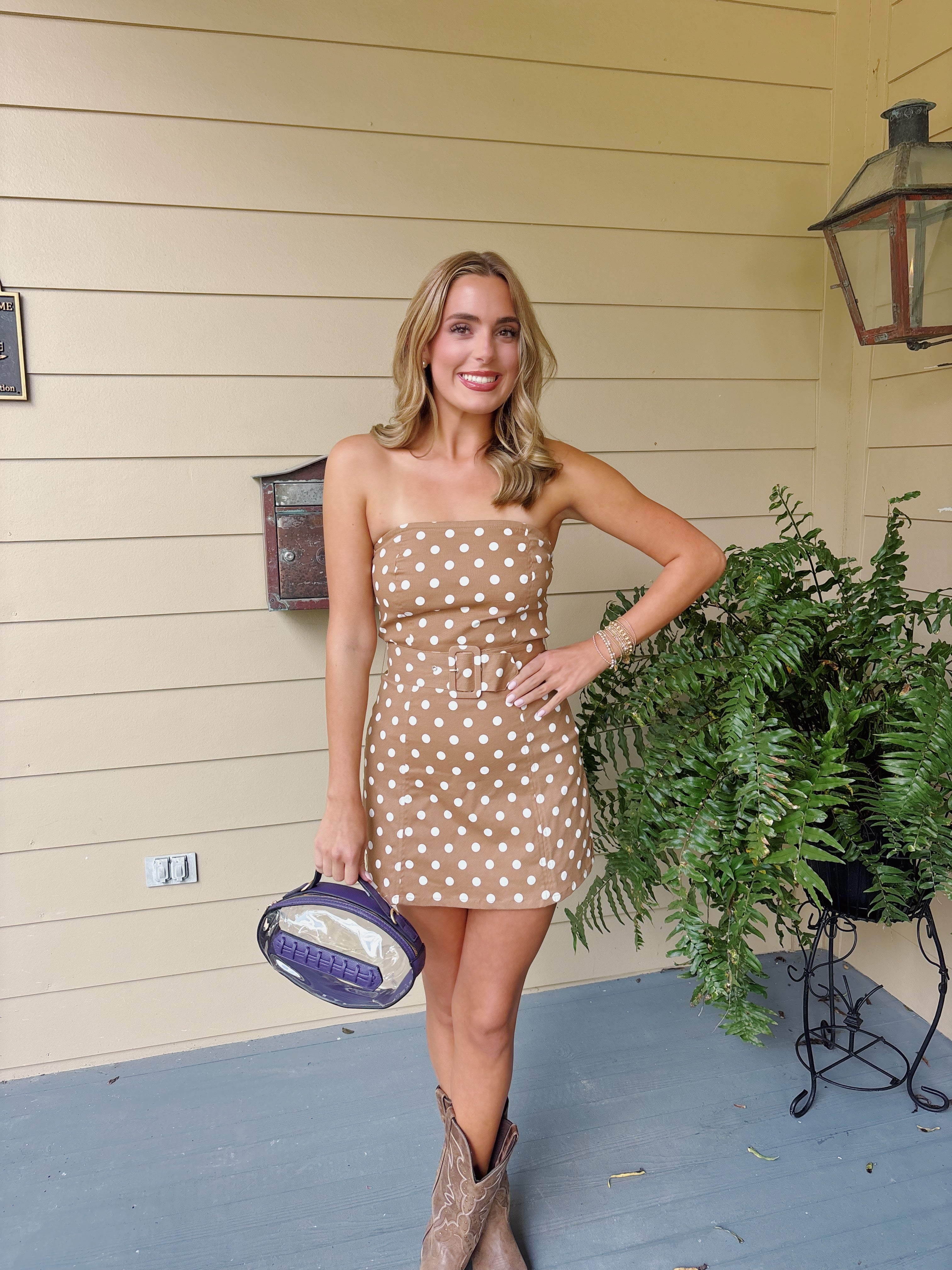 Brown Strapless Polka Dot Denim Mini Dress with Belt
