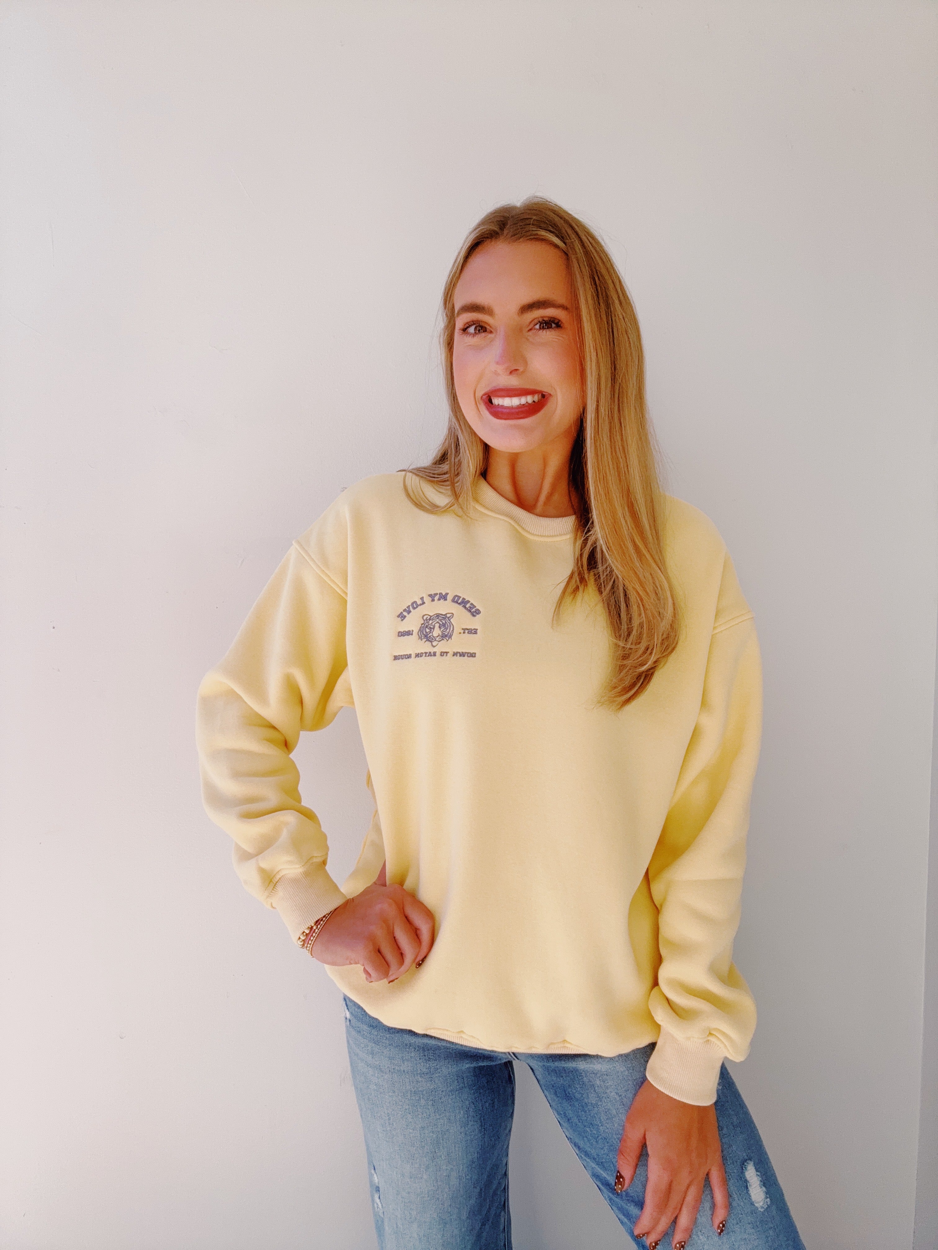 "Send My Love Down to Baton Rouge" Yellow Longsleeve Crewneck Sweatshirt