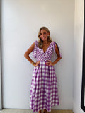 Purple Check Pattern Tie Shoulder Maxi Dress