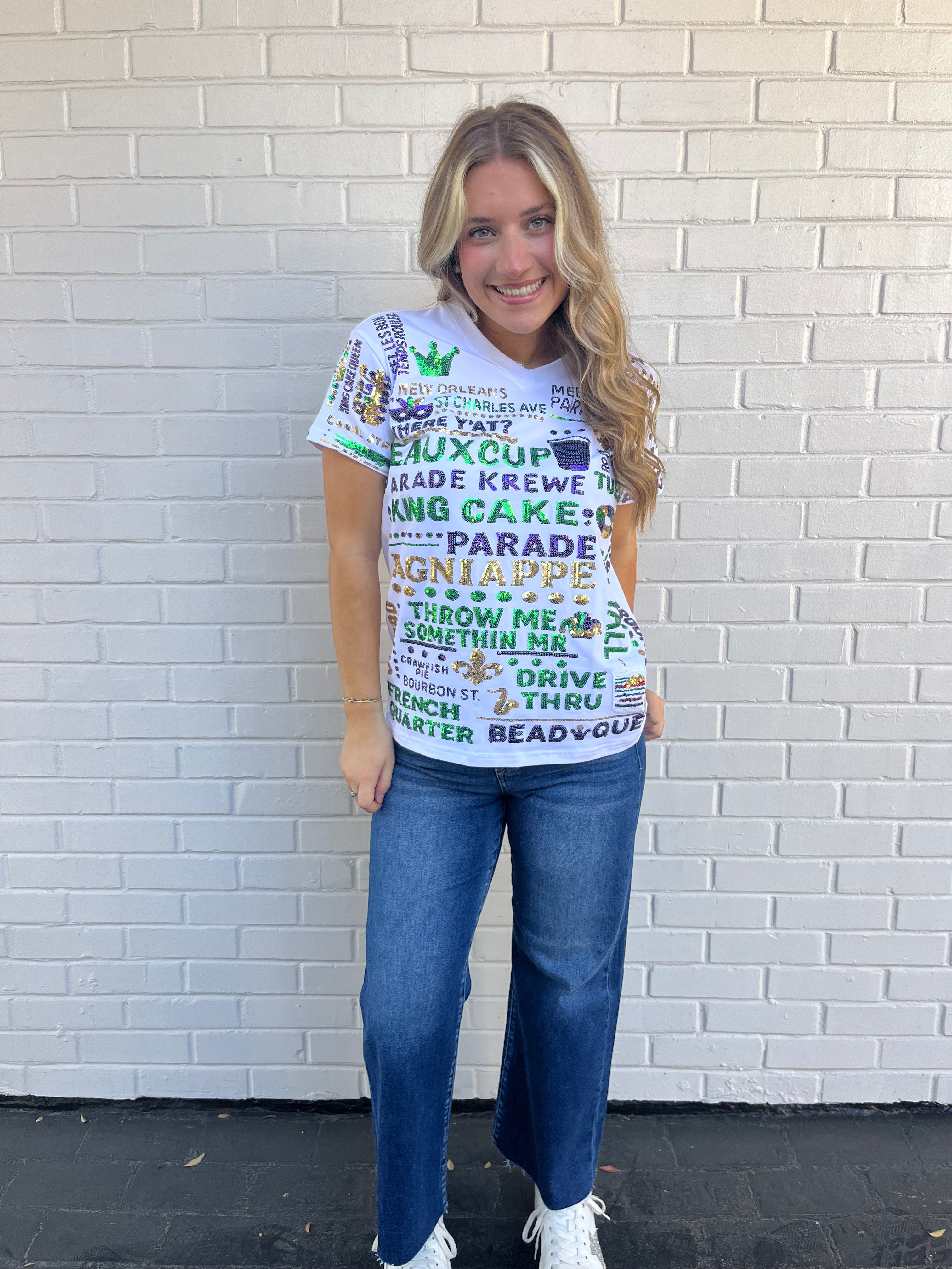 White Mardi Gras Lagniappe Sequin T-Shirt