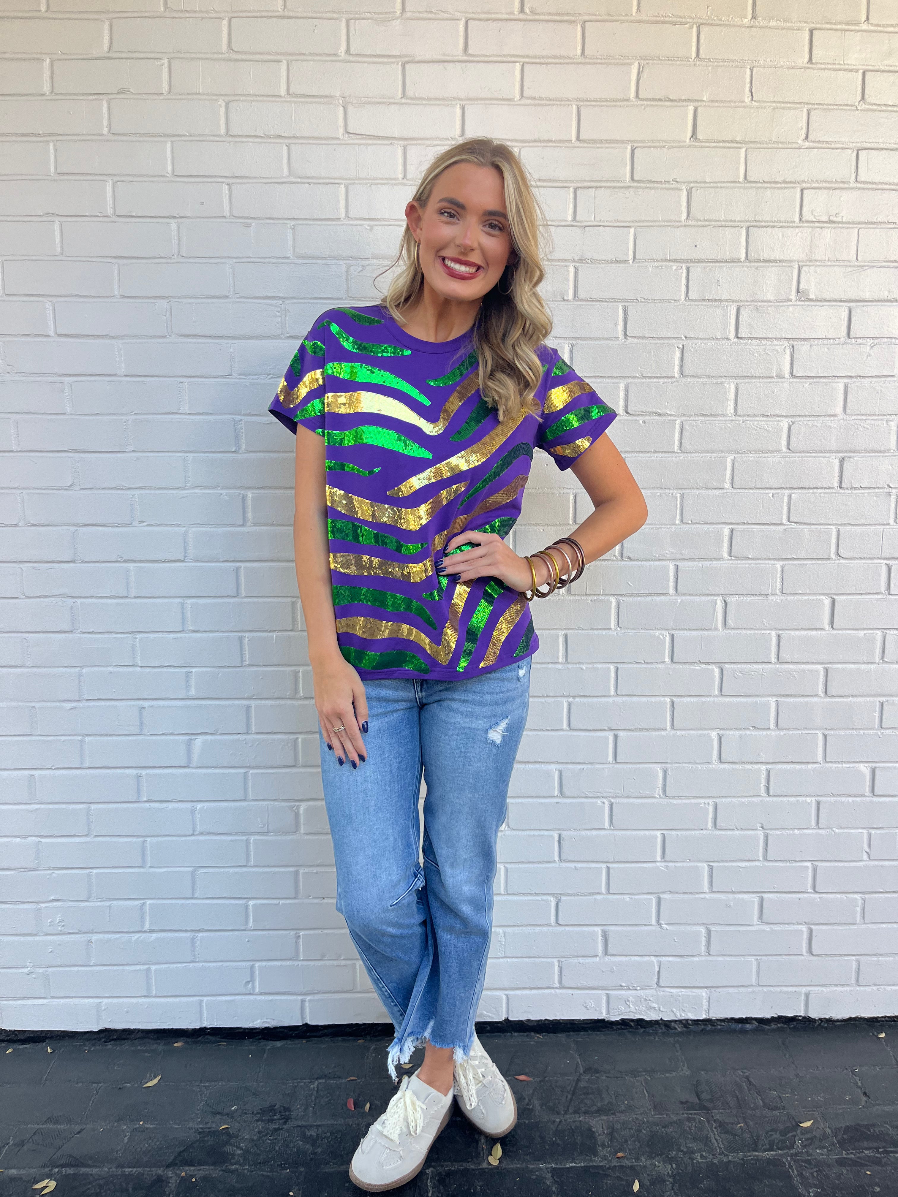Purple Mardi Gras Tiger Stripe Sequin T-Shirt Front and Back Sequin