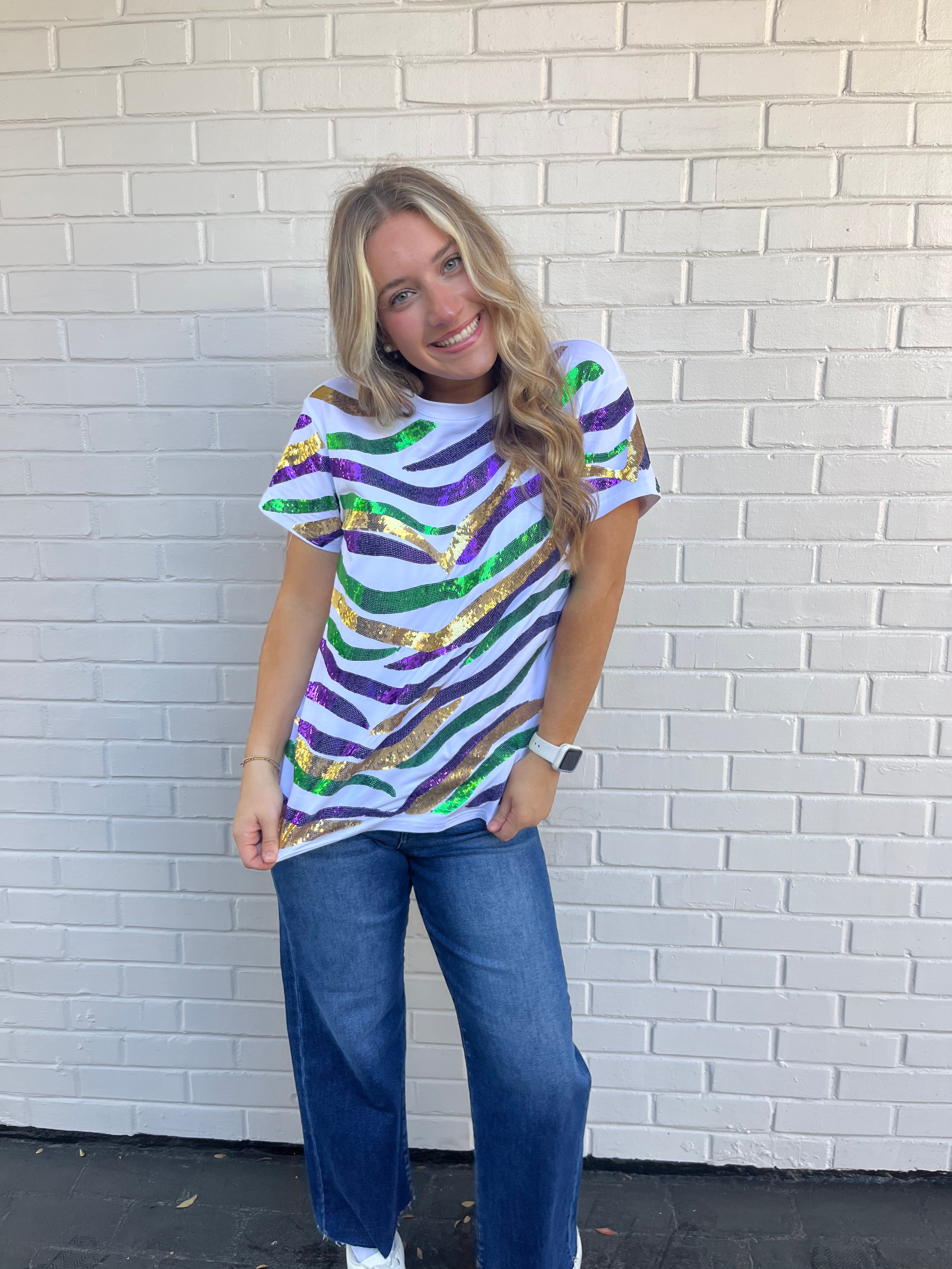 White Mardi Gras Tiger Stripe Sequin T-Shirt
