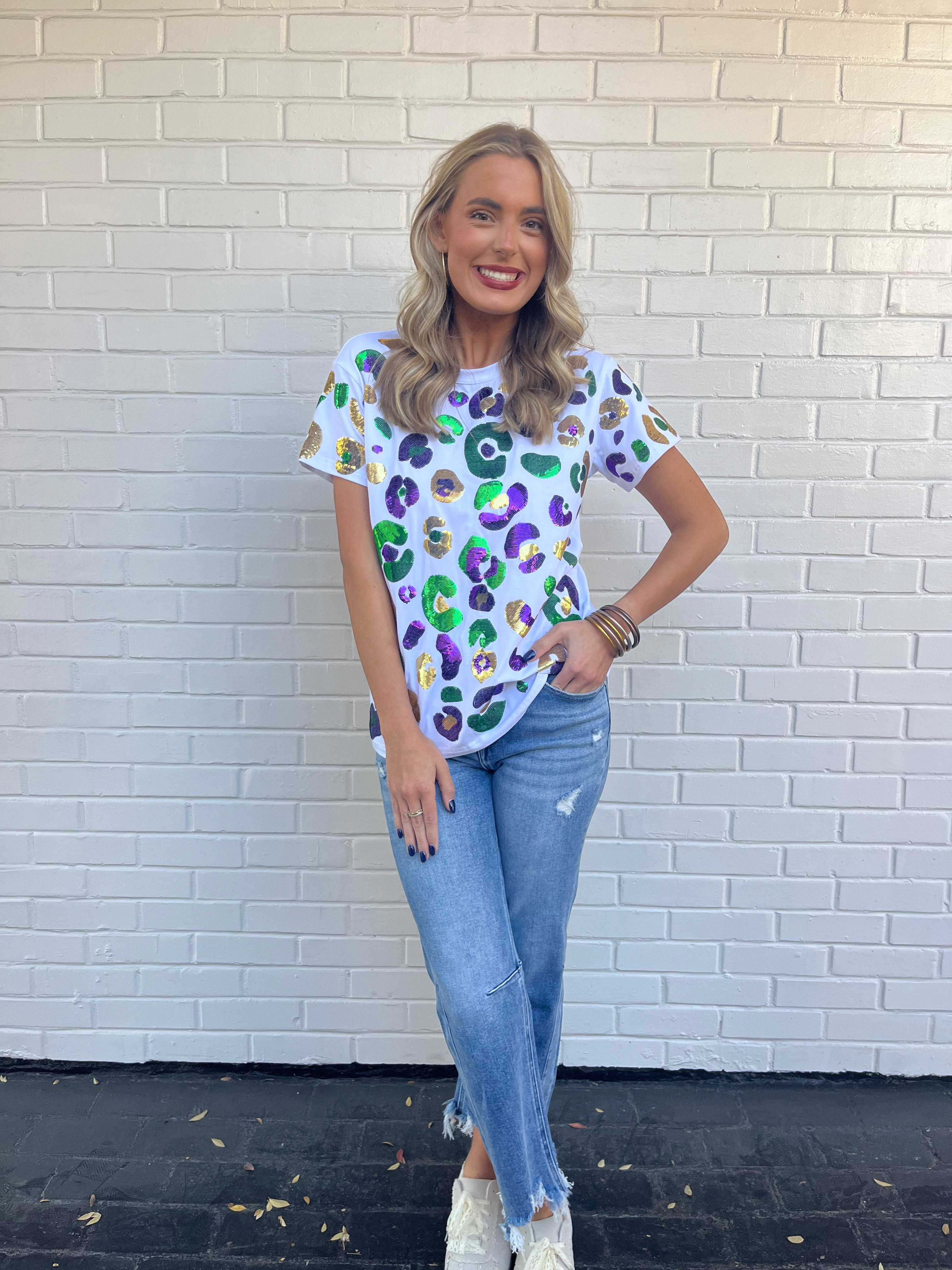 White Mardi Gras Leopard Sequin T-Shirt