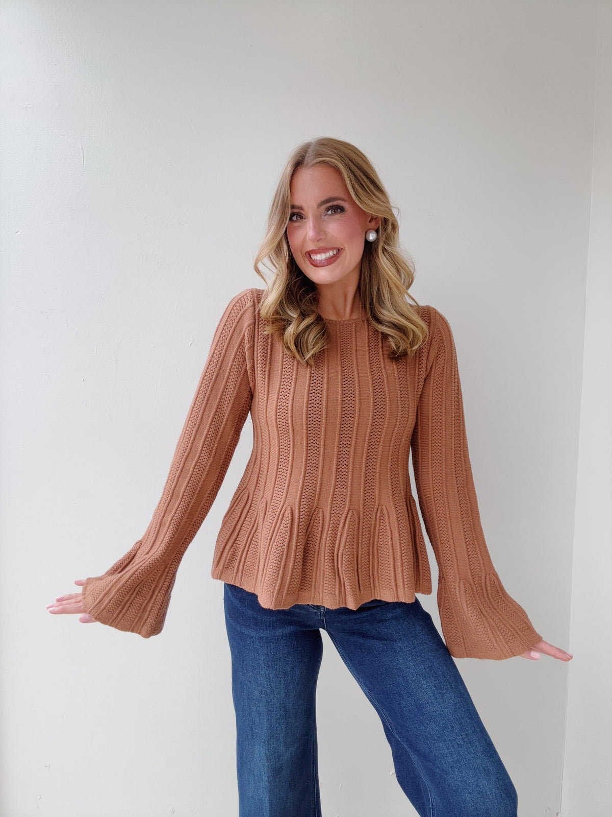 Mocha Boat Neck Ribbed Knit Long Sleeve Sweater Top
