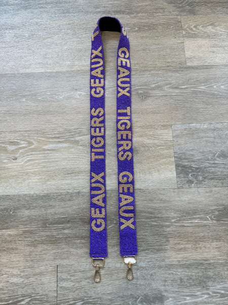 Purple with Gold "Geaux Tigers" Beaded Purse Strap