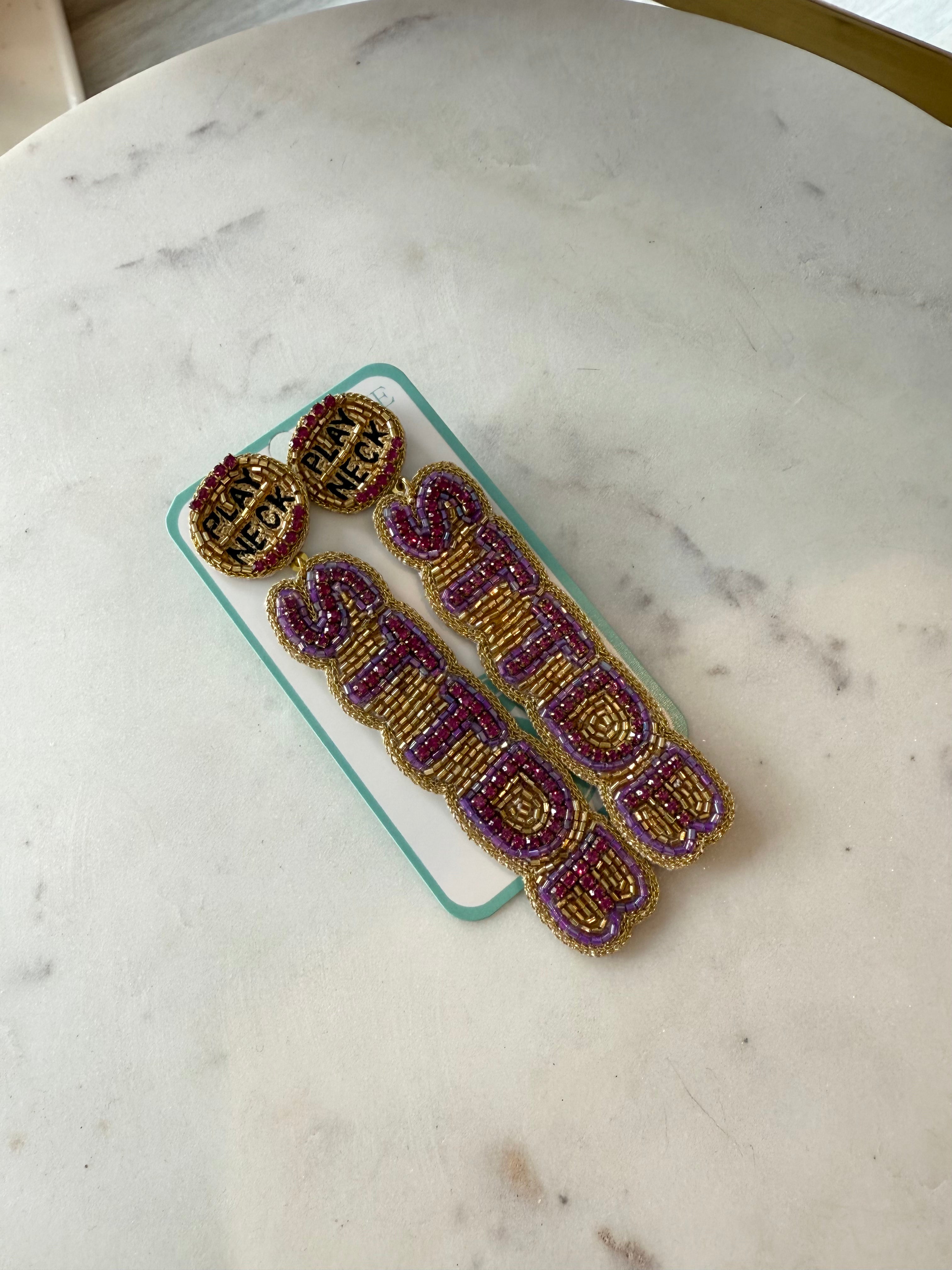 "STTDB" Beaded Purple and Gold Earrings