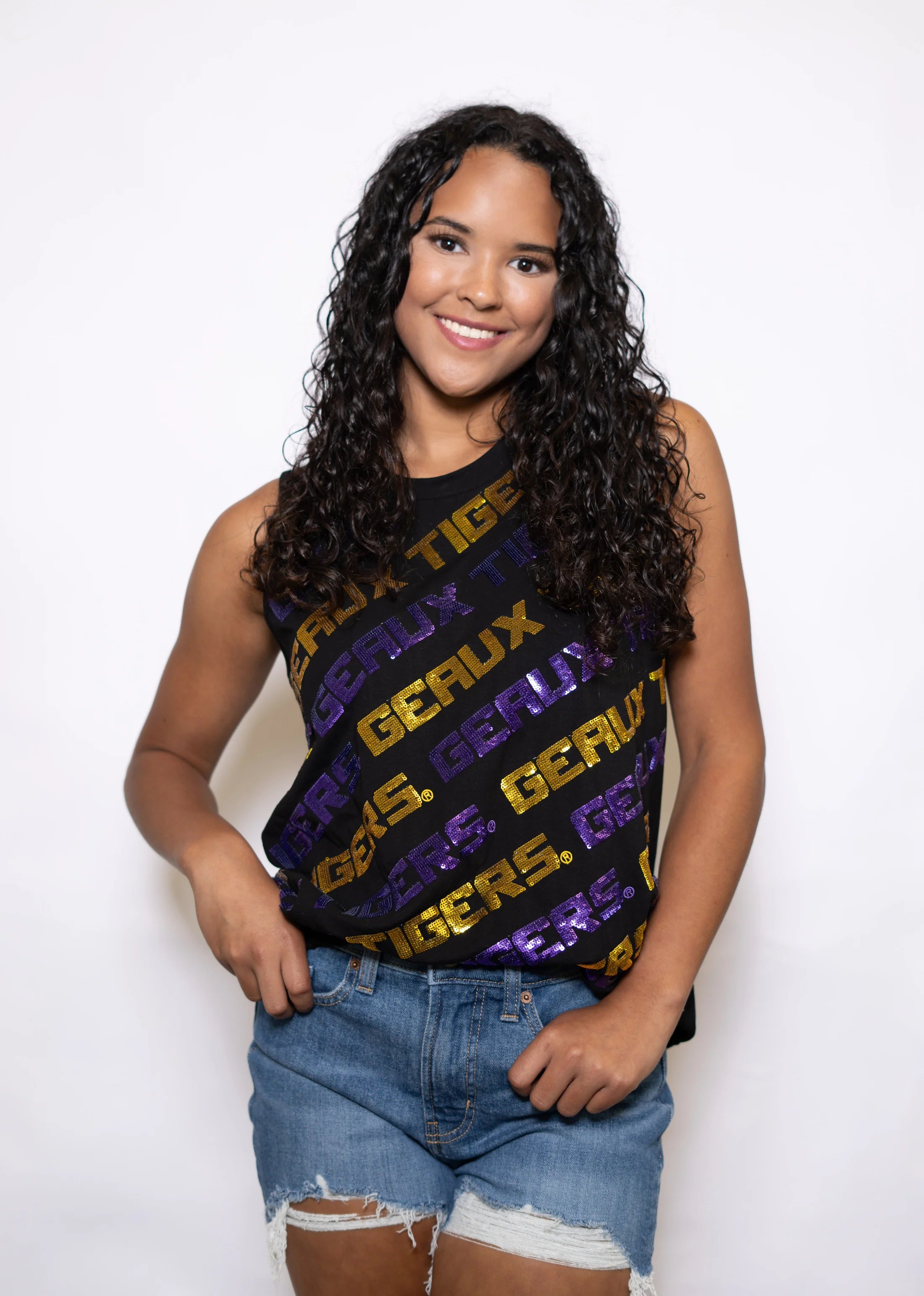 Black LSU Geaux Tigers Varsity Block Sequin Top