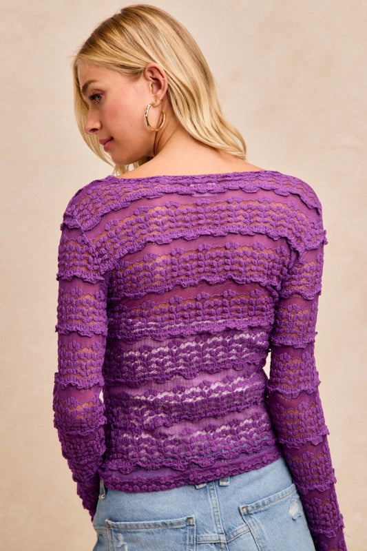 Purple Ruffles Detail Mardi Gras Color Flower Lace Top