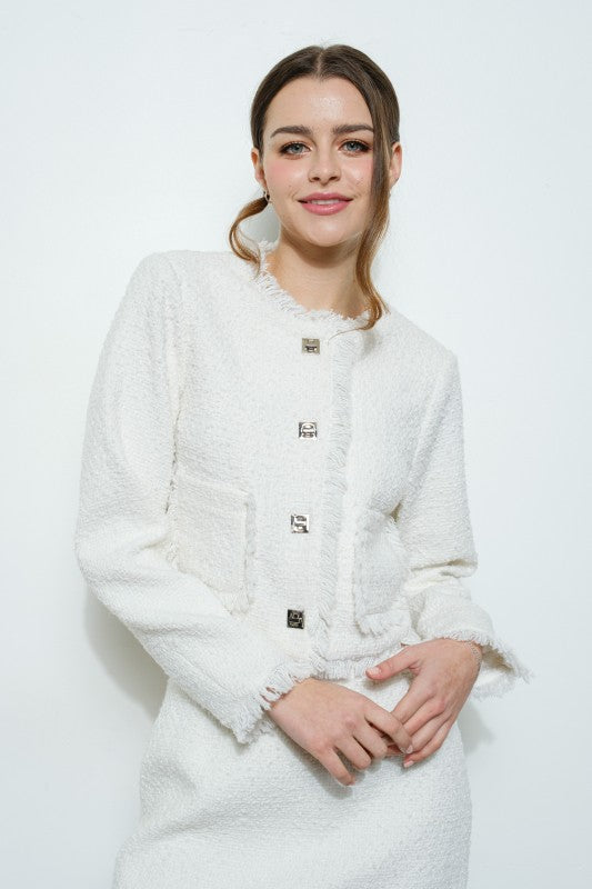 Ivory Patch Pockets Cropped Fringe-trim Tweed Jacket
