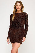 Dark Brown Mesh Long Sleeve Mini Dress