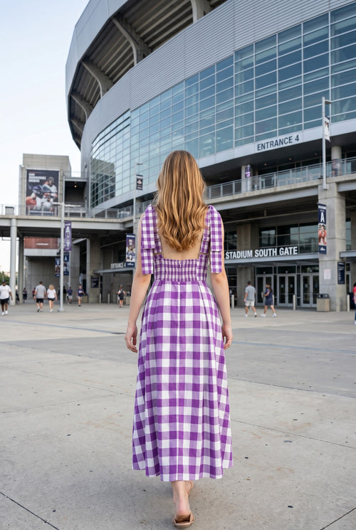 Purple Check Pattern Tie Shoulder Maxi Dress