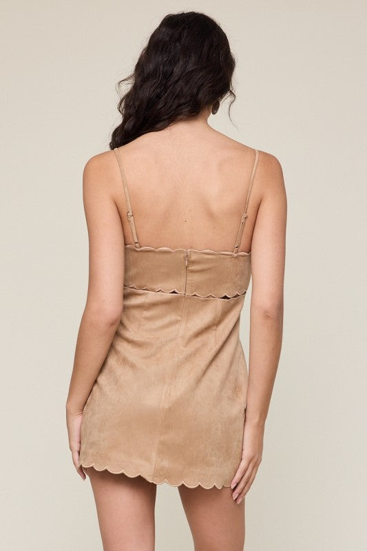 Dark Beige Suede Solid Color Scallop Cut V-neck Mini Dress
