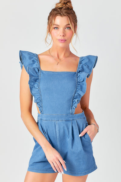 Ruffle Shoulder Denim Romper