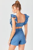 Ruffle Shoulder Denim Romper